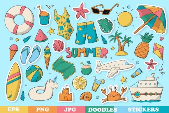 Download 34 SUMMER Stickers &amp; Doodles EPS PNG JPG - Jpg Collection